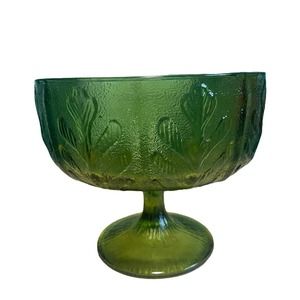 Vintage Green Glass Leaves Pattern Large Serving Pedestal Candy Dish